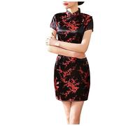 Luadnysin Cheongsam Traditionelles chinesisches Damenkleid, Kleid Damen,Damen Kleider,Abendkleid,Seitenschlitz, schmale Passform, Midi-Kleid, Mandarinenkragen, Kurze Ärmel,Qipao,Schwarz,XL