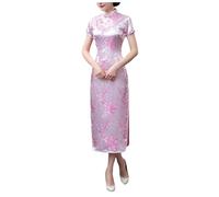 Luadnysin Cheongsam Traditionelles chinesisches Damenkleid, Kleid Damen,Damen Kleider,Abendkleid,Seitenschlitz, schmale Passform, Midi-Kleid, Mandarinenkragen, Kurze Ärmel,Qipao,Rosa,XL