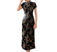 Luadnysin Cheongsam Traditionelles chinesisches Damenkleid, Kleid Damen,Damen Kleider,Abendkleid,Seitenschlitz, schmale Passform, Midi-Kleid, Mandarinenkragen, Kurze Ärmel, Qipao,Schwarz,6XL