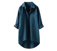 Luadnysin Karierte Bluse Damen Lang Leinenhemd Damen Knopfleiste Hemd Casual Lose Frühling Sommer Leinenbluse Longbluse Blusenshirt Oberteile Tunika Große Größen Tops T-Shirts&Blusen, Z9 Blue