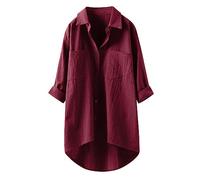 Luadnysin Karierte Bluse Damen Lang Leinenhemd Damen Knopfleiste Hemd Casual Lose Frühling Sommer Leinenbluse Longbluse Blusenshirt Oberteile Tunika Große Größen Tops T-Shirts&Blusen, Z9 Wine