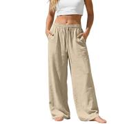 Luadnysin Sommerhose Damen Leicht Leinenhose Weisse Hosen Elegante Stoffhose Sommer Hosenrock Lang Elegant Damenhose Weiß Blau Leichte Mit Gummizug Schlabberhose Jogpants,Marineblau,S,Khaki