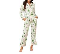 LUBOT 100% Baumwolle Schlafanzug für Damen Lang, Nachtwäsche Pyjamas Set mit Kragen knöpfen, weiche leichte Zweiteiler Pjs Hausanzug Loungewear, Stricken & Hohe Elastizität, Grün Weihnachtsbaum, XXL