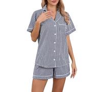 LUBOT Schlafanzug für Damen Gewebt, 100% Baumwolle Kurz Pyjamas mit Knopfleiste, Zweiteiliger Schlafanzuge für Frauen Sommer, knitterfrei & atmungsaktiv (Mini Black Plaid, XXL)