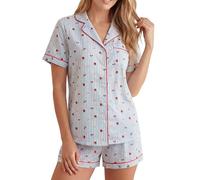 LUBOT Schlafanzug für Damen Gewebt, 100% Baumwolle Kurz Pyjamas mit Knopfleiste, Zweiteiliger Schlafanzuge für Frauen Sommer, knitterfrei & atmungsaktiv (Gestreifte Erdbeere, M)