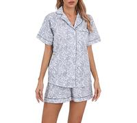 LUBOT Schlafanzug für Damen Gewebt, 100% Baumwolle Kurz Pyjamas mit Knopfleiste, Zweiteiliger Schlafanzuge für Frauen Sommer, knitterfrei & atmungsaktiv (Skizzblatt skizzieren, XXL)