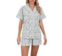 LUBOT Schlafanzug für Damen Gewebt, 100% Baumwolle Kurz Pyjamas mit Knopfleiste, Zweiteiliger Schlafanzuge für Frauen Sommer, knitterfrei & atmungsaktiv (grüne Blumen, L)
