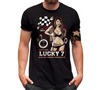 Lucky 7® T-Shirt - Herren - Auto Hot Rod Racing Flag Pin Up Girl - Schwarz, XXL