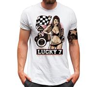 Lucky 7® T-Shirt - Herren - Auto Hot Rod Racing Flag Pin Up Girl - Weiß, XL