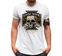 Lucky 7® T-Shirt - Herren - Auto Tuning Hot Rod Racing Skull Cross - Weiß, M