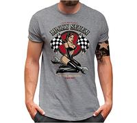 Lucky 7® T-Shirt - Herren - Auto Tuning Racing Flag Pin Up Girl - Grau, XXL