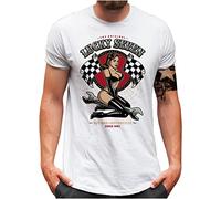 Lucky 7® T-Shirt - Herren - Auto Tuning Racing Flag Pin Up Girl - Weiß, S