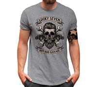 Lucky 7® T-Shirt - Herren - Hot Rod Garage Totenkopf Skull Auto Tuning - Grau, L