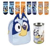 Lucky Boxer Bluey Kindergartenrucksack, Blau, 18 x 22 x 8 cm, Polyester, Reißverschluss + Packung mit 4 Kindersocken, Design Bluey, Größe 27-30, Blau, 27-30, Casual