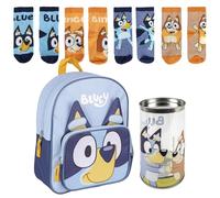 Lucky Boxer Bluey Kinderrucksack, Blau, 15,5 x 30 x 10 cm, Polyester, Reißverschluss + Packung mit 4 Kindersocken, Design Bluey, Größe 27-30, Blau, 27-30, Casual