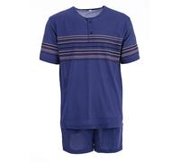 Lucky Herren Pyjama Set Shorty Kurzarm Streifen Knöpfe, Farbe:Navy, Größe:L