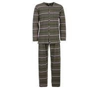 Lucky Herren Pyjama Streifen Muster Langarm Schlafanzug Baumwolle durchgeknöpft M-2XL, Farbe:Olive, Größe:XXL