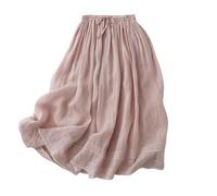 LUCKYGET Damen Rock Eleganter Fashionn -Baumwoll -leinenrock Taille Doppelschicht Langer Rock Frauen Frühling Sommer Dünner Gestickter Rock-Lotus Root Color-XL