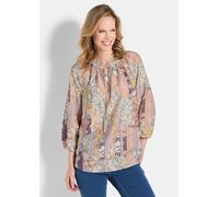 Schlupfbluse GOLDNER "Luftige Patch-Druck-Bluse mit 3/4-Arm", Damen, Gr. 42, beige (stein, gemustert), Obermaterial: 90% Viskose CV. 10% Polyamid PA., figurumspielend, Blusen Schlupfbluse, Bindebändch