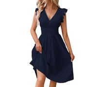 luftige Sommerkleider Kleid schwarz Damen cottagecore Dress Einfarbig Spitze Hohl V-Ausschnitt Rüschen Kurze Ärmel Mini festlich(Marine, S)
