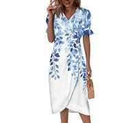 Luftiges Sommerkleid Damen,Damen A-Linien-Midikleid Ärmellos Boho Kleidung Kurzarm Wickelkleid Midikleid Vintage Blumen Strandkleid Sommerkleider Knopf Klassische Partykleid Abendkleid(Himmelblau,XXL)