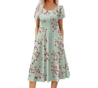 Luftiges Sommerkleid Damen,Damen Elegant Leicht Kleid Kurzarm Midikleid Locker Blumendruck Sommerkleider Shirtkleid Mit Taschen Casual Strandkleid Klassiker Beuqem Freizeitkleider(Hellgrün,XXL)