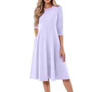 Luftiges Sommerkleid Damen, Damen Elegant Strandkleid Sommer Elegant Freizeitkleid Wickelkleid Rundhals 3/4 Ärmel Midikleid Lose A-Linie Kleider Mit Tasche Leichtes (2-Helles Lila, XXL)
