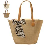 LUKIUP Stroh Handtasche, Strandtasche Groß Damen, Tasche Umhängetasche Strandtasche, Ledergriffen und Reißverschluss, Korbtasche für Strand, Reisen, Urlaub, Shopping (Khaki)