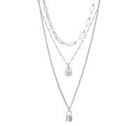 Lulu Jane Damen Kette aus Metall Silber-Optik - Gliederkette/Panzerkette - Modeschmuckkette Schloss dreireihig