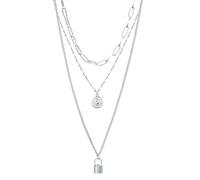 Lulu Jane Damen Kette aus Metall Silber-Optik - Gliederkette/Panzerkette - Modeschmuckkette Schloss dreireihig