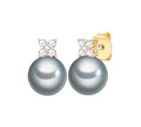 Lulu Jane Damen Ohrringe Messing gelbgold | Gelbgold-Optik, Ohrstecker, Zirkonia, weiß, Glasperle, ca. 11,5 - 12,0 mm, grau, rund