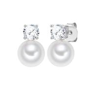 Lulu Jane Damen Ohrringe Messing | Silber-Optik, Ohrstecker, Zirkonia, weiß, Glasperle, ca. 11,5 - 12,0 mm, weiß, rund