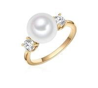 Lulu & Jane Damen-Ring aus Messing gelbvergoldet mit Muschelkernperle Rund 10 mm weiß und Zirkonia - Perlenring