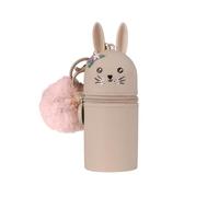 Lulubug Schlüsselanhänger Kinder Tiere - Hase Hoppy | mit Puschel & Namensschild | Abwaschbar | Mini Silikon Anhänger Abwaschbar für Schlüsselbund, Ranzen, Rucksack, Jacke | 5 x 5 x 10 cm