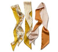 LumiSyne 3 Stück Seidenschal Skinny Schal Damen Mädchen Schmaler Lange Halstuch Frischer Blume Druck Schachbrett Polka Dots Muster Satin Ribbon Seidentüch Kopfschmuck Haarschal Handtasche Griff Band