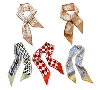 LumiSyne 5 Stück Seidenschal Damen Mädchen Skinny Schal Blume Gedruckt Geometrisch Karierte Muster Frischer Süßer Stil Satin Krawatte Schal Schmaler Lange Halstuch Kopfschmuck Griff Wrap Ribbon