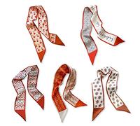 LumiSyne 5 Stück Seidenschal Damen Mädchen Skinny Schal Blume Gedruckt Geometrisch Karierte Muster Frischer Süßer Stil Satin Krawatte Schal Schmaler Lange Halstuch Kopfschmuck Griff Wrap Ribbon