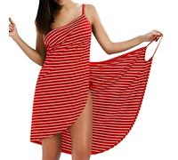 LumiSyne Strandkleider Damen Bikini Cover Ups Mode Streifen Badeanzüge Ärmellos Wickelkleid Sexy V Ausschnitt Strandponcho Pareos Lose Stil Strandrock,Schmale Fransen Rot,M