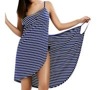 LumiSyne Strandkleider Damen Bikini Cover Ups Mode Streifen Badeanzüge Ärmellos Wickelkleid Sexy V Ausschnitt Strandponcho Pareos Lose Stil Strandrock,Schmale Fransen Dunkelblau,L