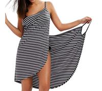 LumiSyne Strandkleider Damen Bikini Cover Ups Mode Streifen Badeanzüge Ärmellos Wickelkleid Sexy V Ausschnitt Strandponcho Pareos Lose Stil Strandrock,Schmale Fransen Schwarz,XL