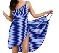 LumiSyne Strandkleider Damen Bikini Cover Ups Mode Streifen Badeanzüge Ärmellos Wickelkleid Sexy V Ausschnitt Strandponcho Pareos Lose Stil Strandrock,Schmale Fransen Blau,L