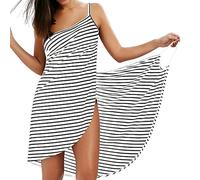 LumiSyne Strandkleider Damen Bikini Cover Ups Mode Streifen Badeanzüge Ärmellos Wickelkleid Sexy V Ausschnitt Strandponcho Pareos Lose Stil Strandrock,Schmale Fransen Weiß,M