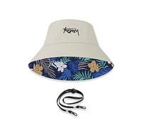 LumiSyne Unisex Wendbarer Fischerhut Einfarbig Mit Buchstaben Stickerei/Hawaii Stil Druck Doppelseitig Baumwolle Eimerhut Mit Abnehmbare Kinnband Faltbar Bucket Hat Sonnenhut Für Sommer Strand Reise