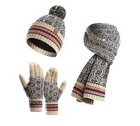 LumiSyne Winter 3 In 1 Mütze Schal Handschuh Sets Für Damen Beanie Strickmütze Langer Schal Touchscreen Handschuhe Jacquard Stricken Schneemuster Weicher Warme Dicke Futter