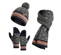 LumiSyne Winter 3 In 1 Mütze Schal Handschuh Sets Für Damen Beanie Strickmütze Langer Schal Touchscreen Handschuhe Jacquard Stricken Schneemuster Weicher Warme Dicke Futter