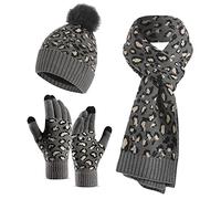 LumiSyne Winter 3 In 1 Mütze Schal Handschuh Sets Für Damen Beanie Strickmütze Langer Schal Touchscreen Handschuhe Leopard Stricken Mit Pompon Bommel Weicher Warme Dicke Futter
