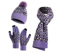 LumiSyne Winter 3 In 1 Mütze Schal Handschuh Sets Für Damen Beanie Strickmütze Langer Schal Touchscreen Handschuhe Leopard Stricken Mit Pompon Bommel Weicher Warme Dicke Futter