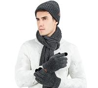LumiSyne Winter 3 In 1 Mütze Schal Handschuh Sets Für Herren Damen Exquisite Jacquard Einfarbig Schal Beanie Strickmütze Touchscreen Handschuhe Fortschrittlicher Weicher Chenille Stoff