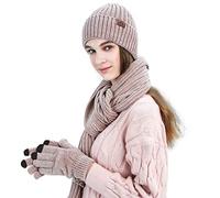 LumiSyne Winter 3 In 1 Mütze Schal Handschuh Sets Für Herren Damen Exquisite Jacquard Einfarbig Schal Beanie Strickmütze Touchscreen Handschuhe Fortschrittlicher Weicher Chenille Stoff (Rosa)