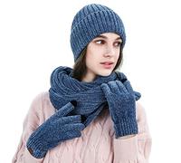 LumiSyne Winter 3 In 1 Mütze Schal Handschuh Sets Für Herren Damen Exquisite Jacquard Einfarbig Schal Beanie Strickmütze Touchscreen Handschuhe Fortschrittlicher Weicher Chenille Stoff